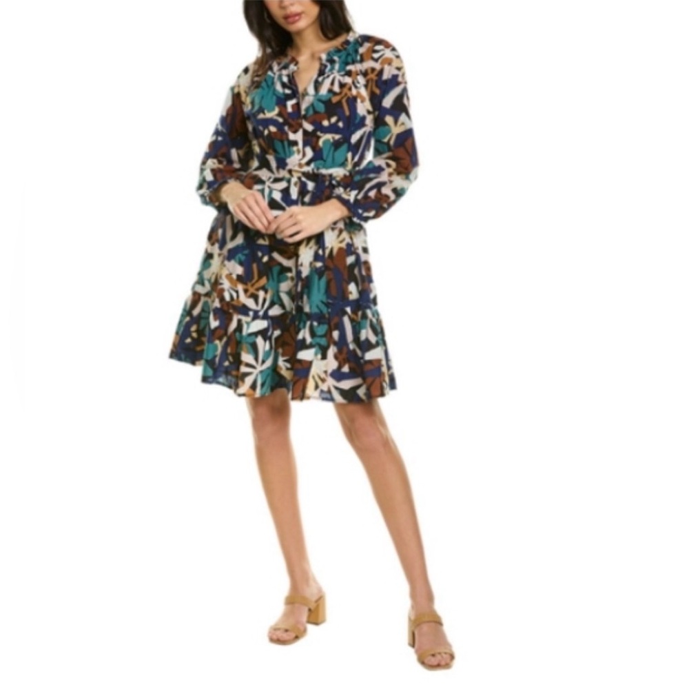 Lilla P Ruffle Neck Long Sleeve Shirtdress Blue Floral XS Lightweight Dress
